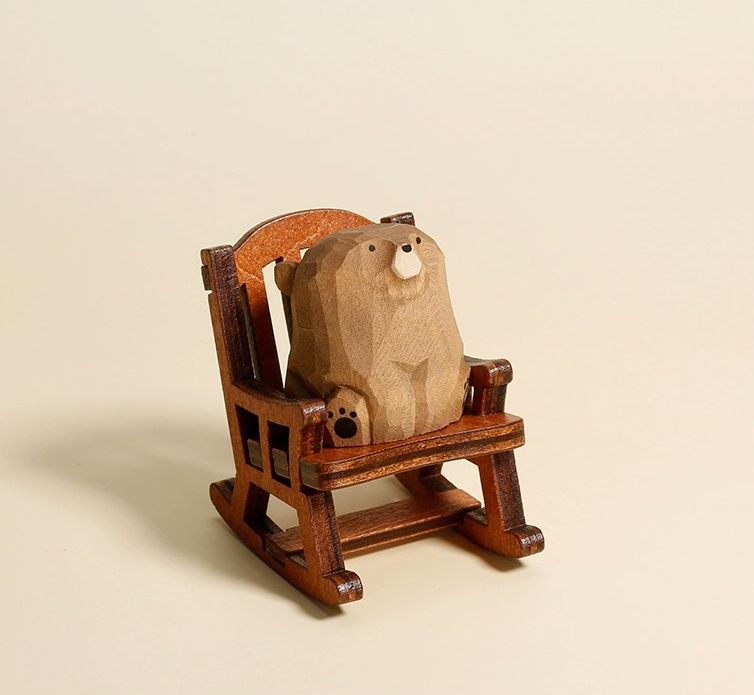 Handcrafted Wooden Bear in Rocking Chair Figurine - Adorable Desk Ornament and Unique Gift for Friends and Kids.