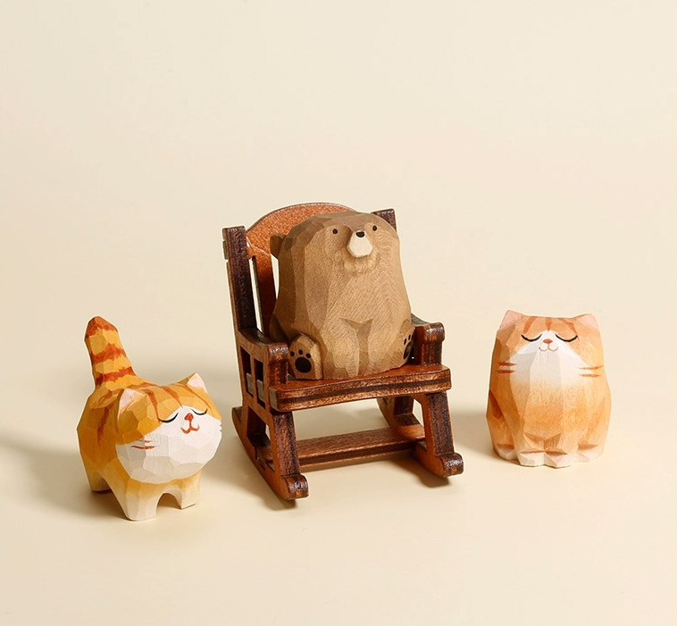 Handcrafted Wooden Bear in Rocking Chair Figurine - Adorable Desk Ornament and Unique Gift for Friends and Kids.