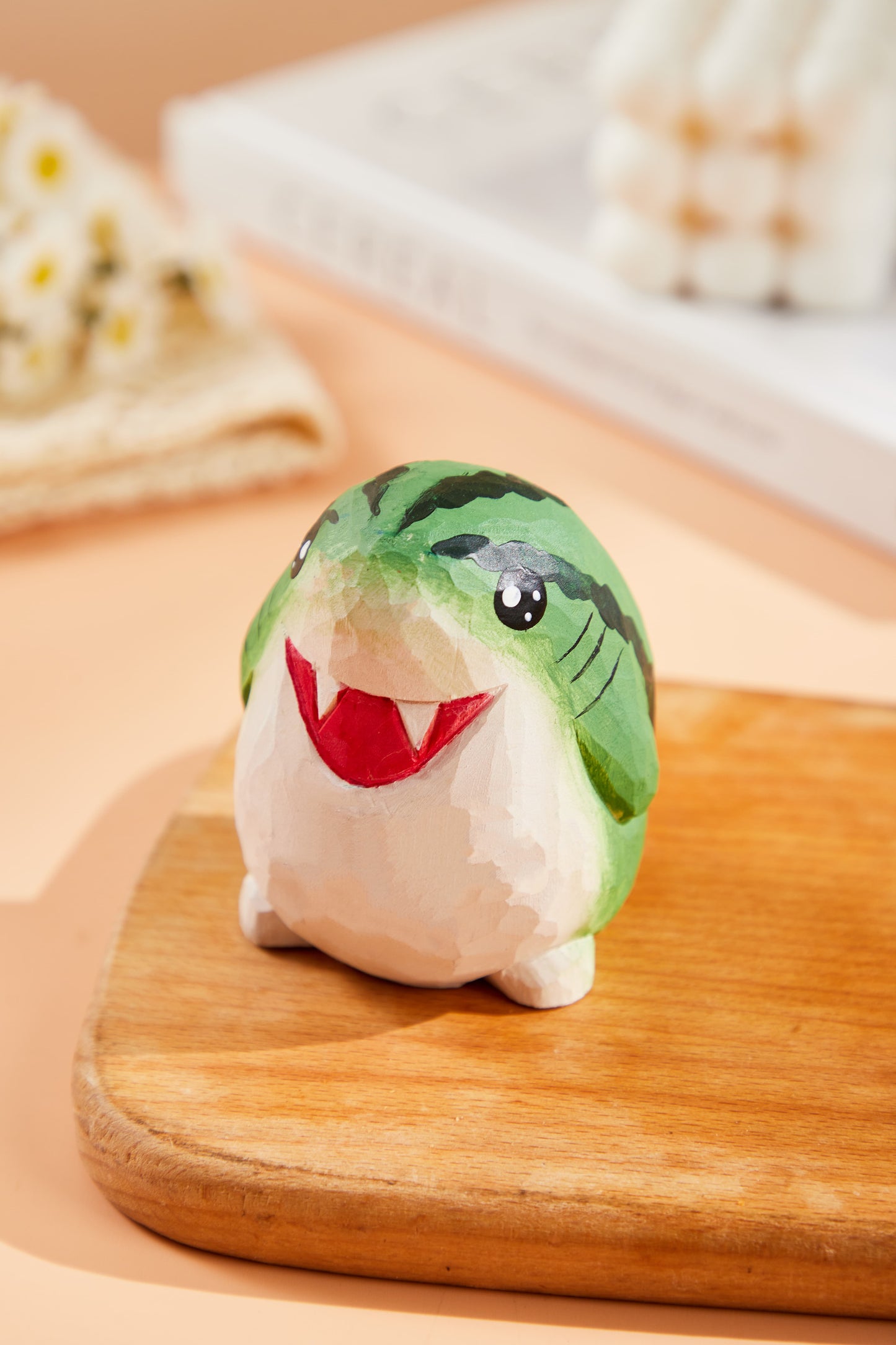 Handcrafted Wooden Watermelon Shark Decor - Cute and Quirky Desk Ornament and Fun Gift for Kids and Friends