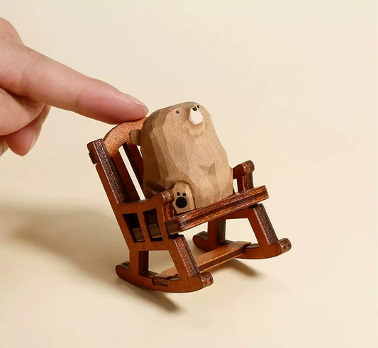 Handcrafted Wooden Bear in Rocking Chair Figurine - Adorable Desk Ornament and Unique Gift for Friends and Kids.
